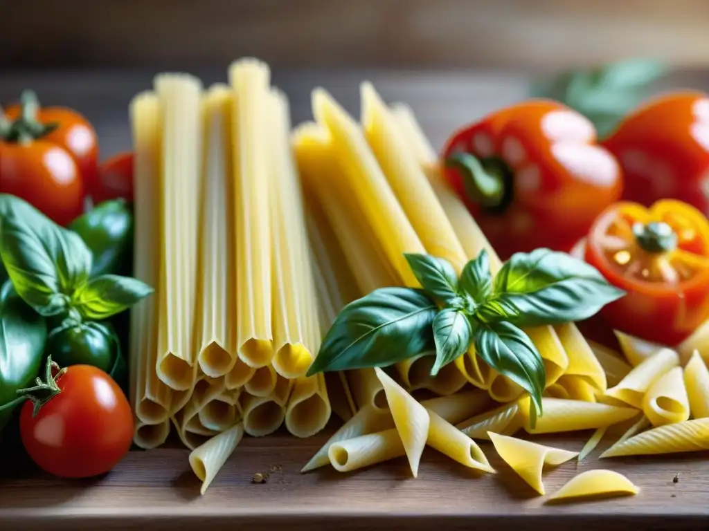 Variedad de pasta sin gluten con textura única sobre mesa rústica con ingredientes frescos coloridos, iluminados por la luz natural