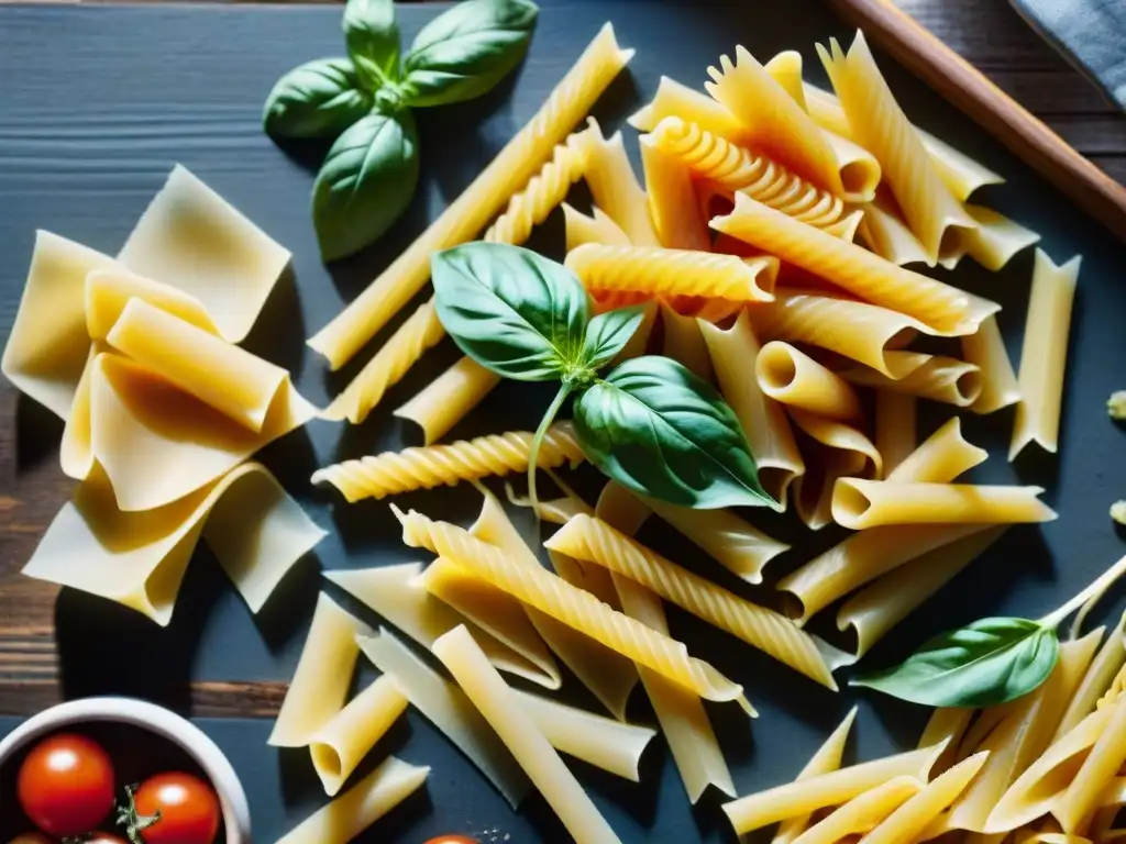 Una variedad de pastas sin gluten en una mesa rústica, con tomate, albahaca y queso Parmesano