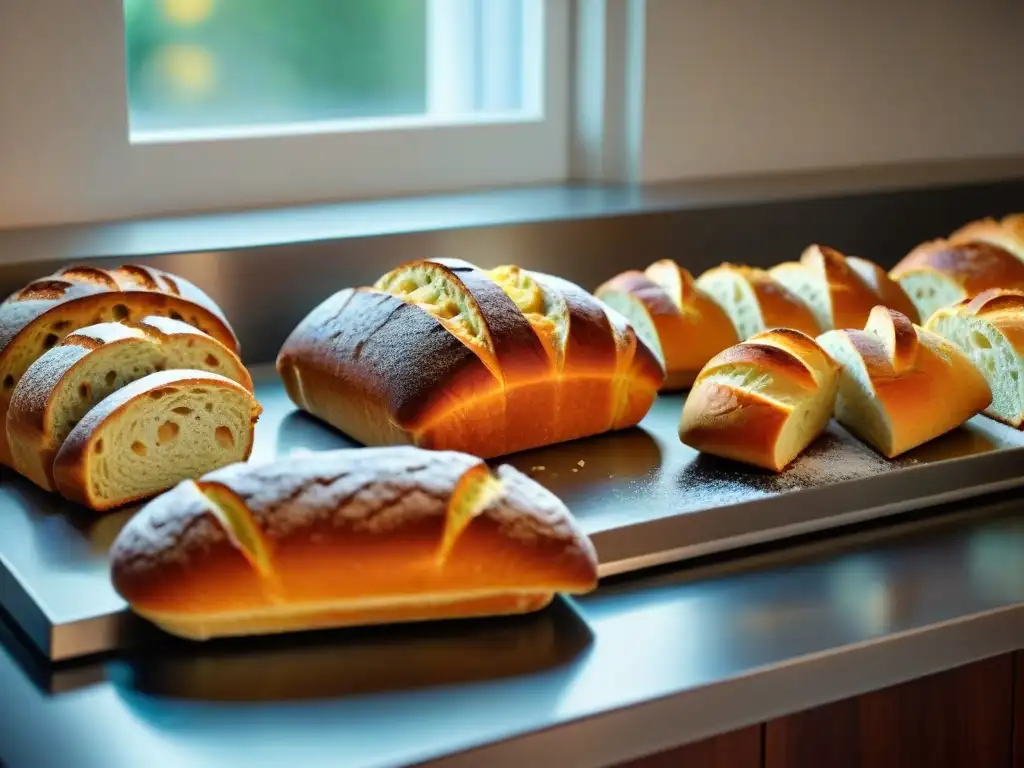 Variedad de pasteles y panes sin gluten recién horneados en una encimera de cocina, bañados por luz natural cálida