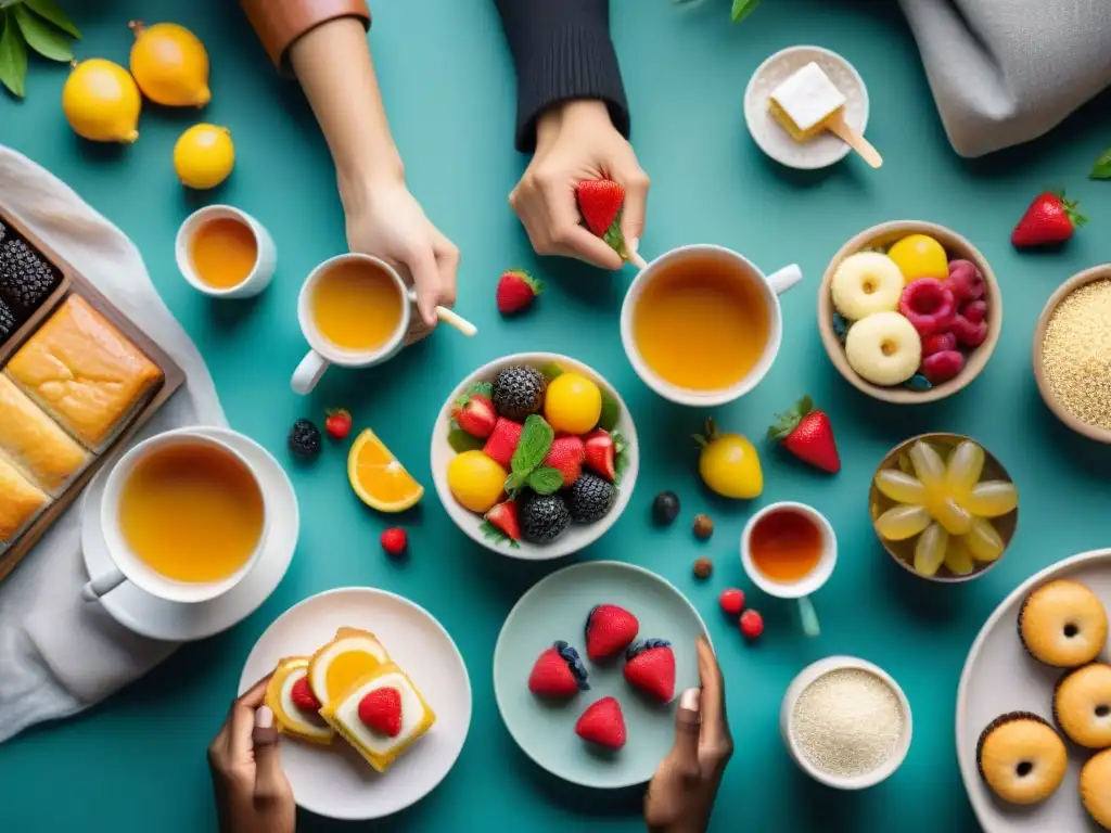 Una variedad de personas disfrutan de delicias sin gluten edulcoradas naturalmente en un ambiente acogedor y saludable, rodeados de frutas y pasteles