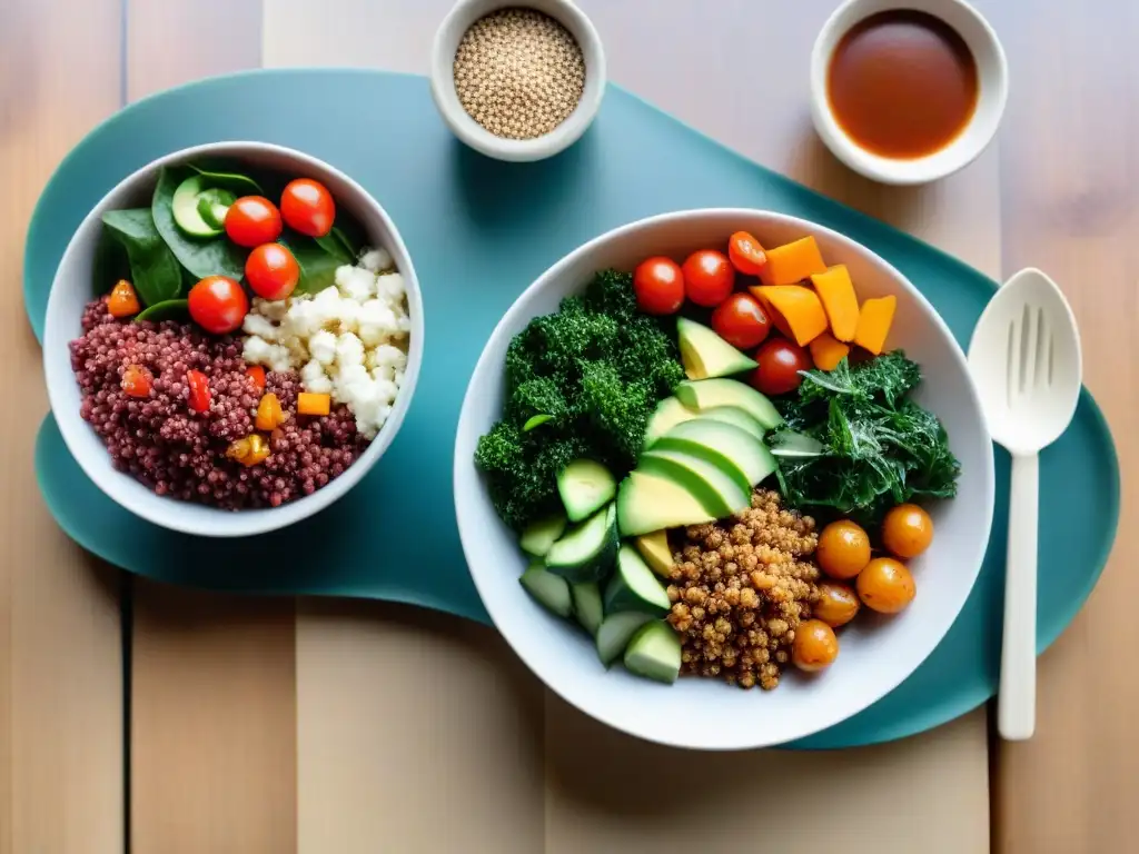 Una variedad de platos coloridos con quinoa roja sin gluten en un entorno vibrante y diverso