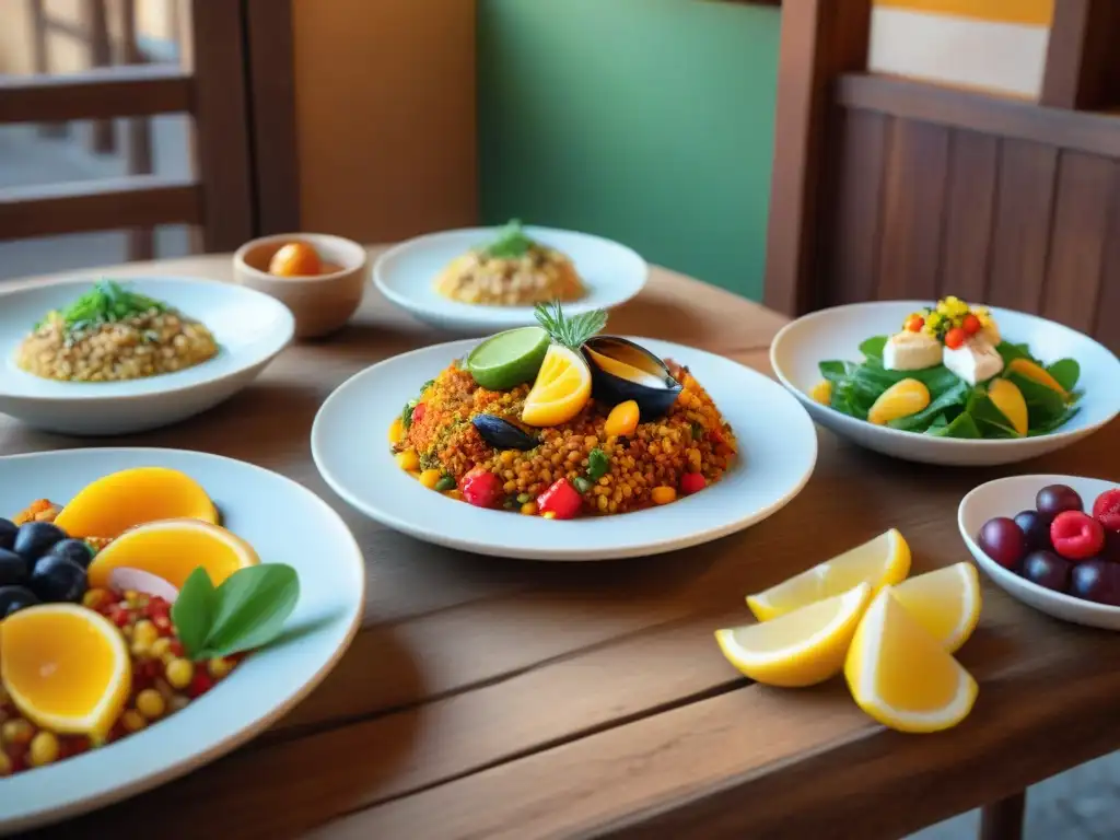 Una variedad de platos sin gluten en Málaga, desde ensaladas frescas hasta paella de mariscos y postres decadentes, en un acogedor restaurante