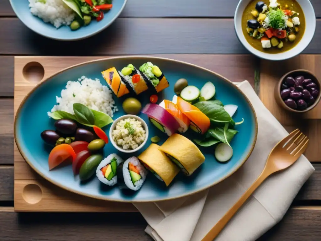 Una variedad de platos sin gluten rápidos internacionales en una mesa de madera rústica