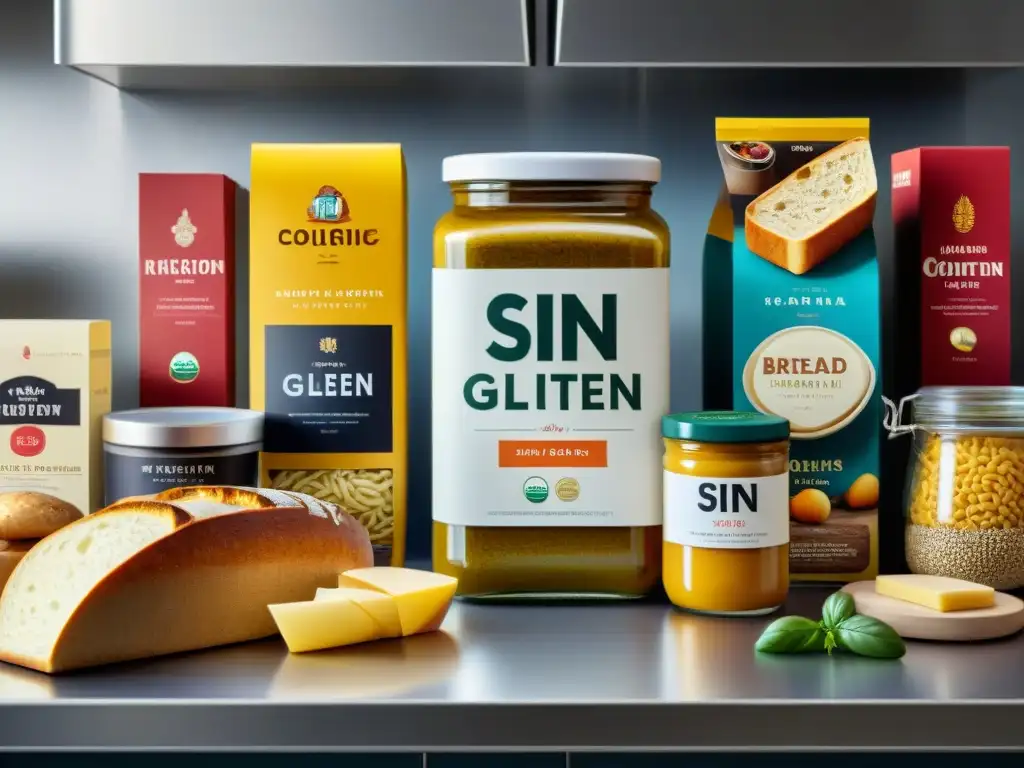 Alimentos sin gluten: variedad saludable en cocina moderna Una variedad de productos sin gluten con etiquetas verdaderas en una cocina moderna y luminosa