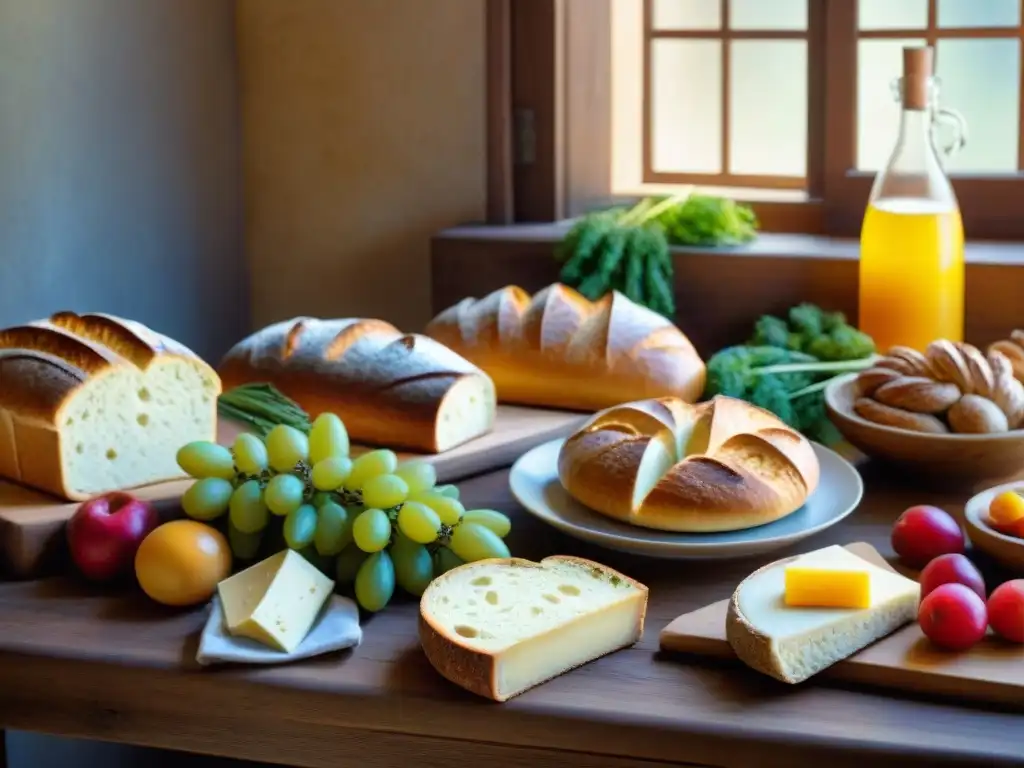 Una variedad de productos sin gluten en una mesa rústica, resaltando colores y texturas