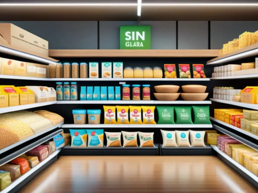 Una variedad de productos sin gluten en un supermercado bien iluminado, con marcas sin gluten supermercado imprescindibles