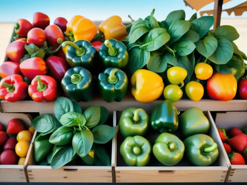 Una variedad de productos orgánicos sin gluten en un puesto de mercado bajo el cálido sol, con detalles vibrantes y frescura natural