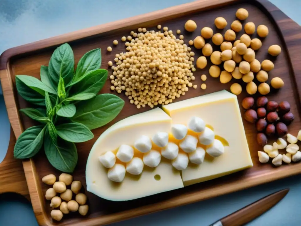 Delicioso surtido de proteínas sin gluten en tabla de madera Una variedad de proteínas sin gluten en dieta, como quinoa, lentejas, garbanzos, tofu, almendras y salmón, sobre tabla rústica