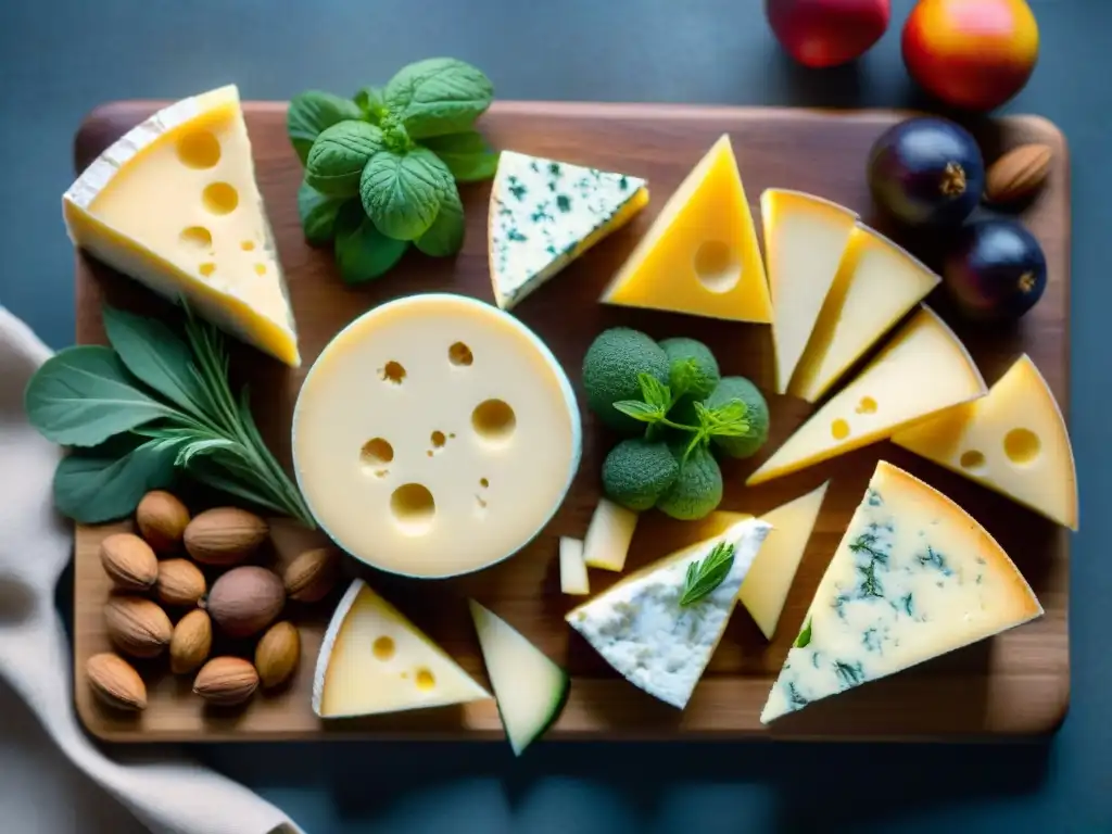 Una variedad de quesos sin gluten innovadores dispuestos en una tabla de madera rústica, con colores vibrantes y texturas únicas