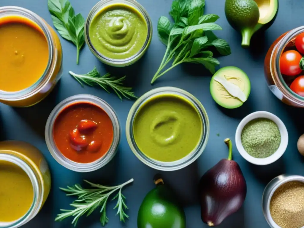 Variedad de salsas sin gluten sin lácteos en tarros de vidrio coloridos, ingredientes frescos y hierbas, sobre mesa de madera rústica