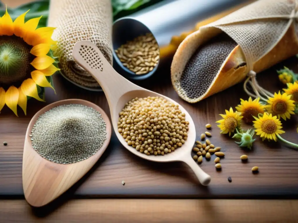 Una variedad de semillas y granos coloridos sobre mesa rústica para receta pan multigrano sin gluten