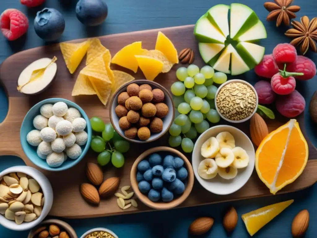 Una variedad de snacks sin gluten saludables, coloridos y apetitosos, dispuestos sobre una tabla de madera rústica