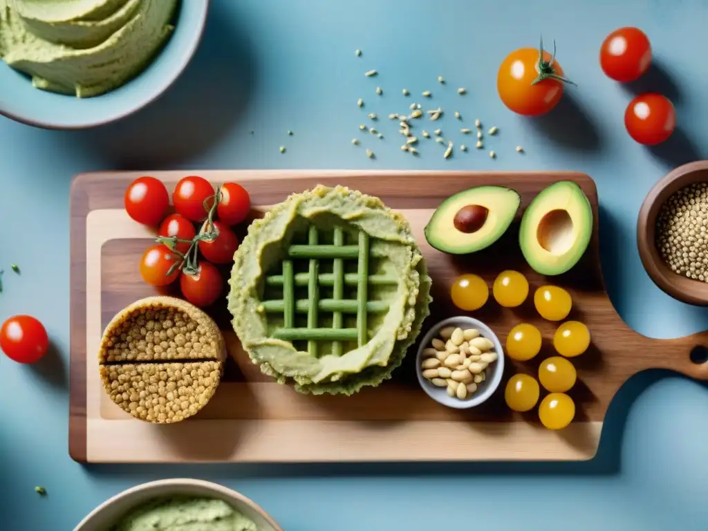 Variedad de snacks rápidos sin gluten creativos en tabla de madera en cocina luminosa