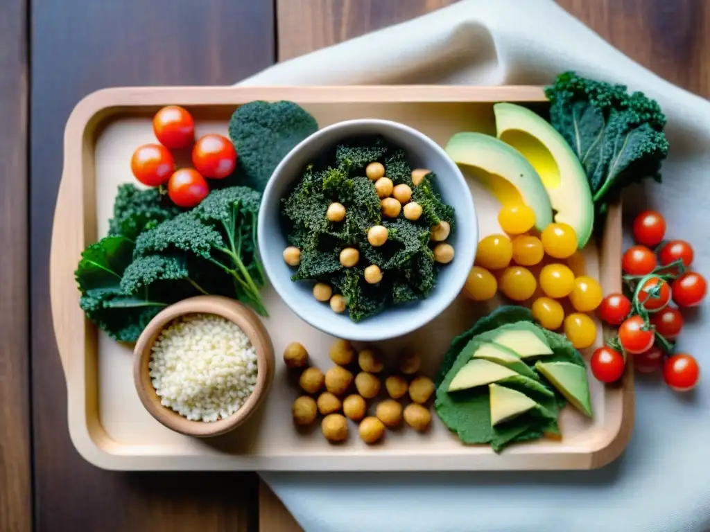 Una variedad de snacks saludables sin gluten, con kale chips, garbanzos tostados, vegetales con hummus, arroz con aguacate y tomates cherry, y frutos secos, todos coloridos y apetitosos en una tabla de madera