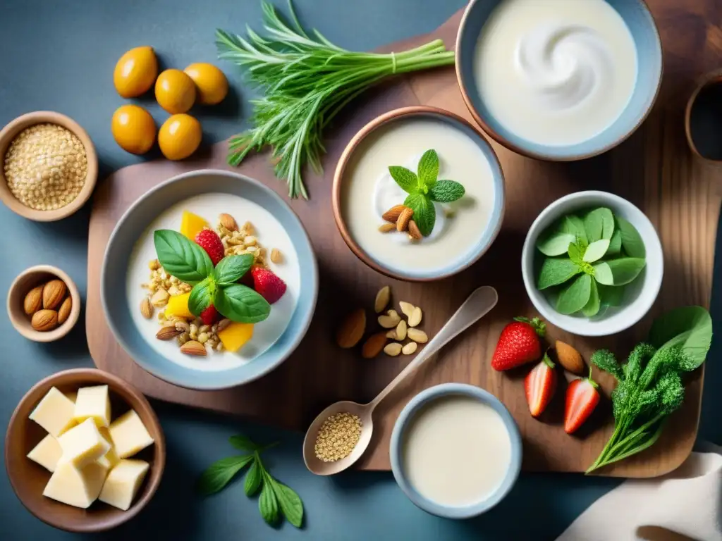 Una variedad de sustitutos sin gluten lácteos en una mesa rústica con salsa de leche de coco