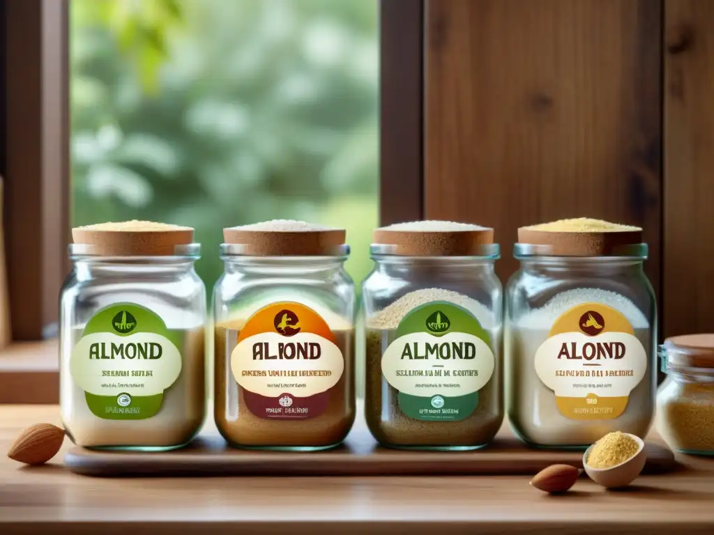 Alternativas sin gluten: creatividad y salud en frascos elegantes Una variedad de sustitutos innovadores para recetas sin gluten en elegantes frascos de vidrio sobre una mesa de madera rústica