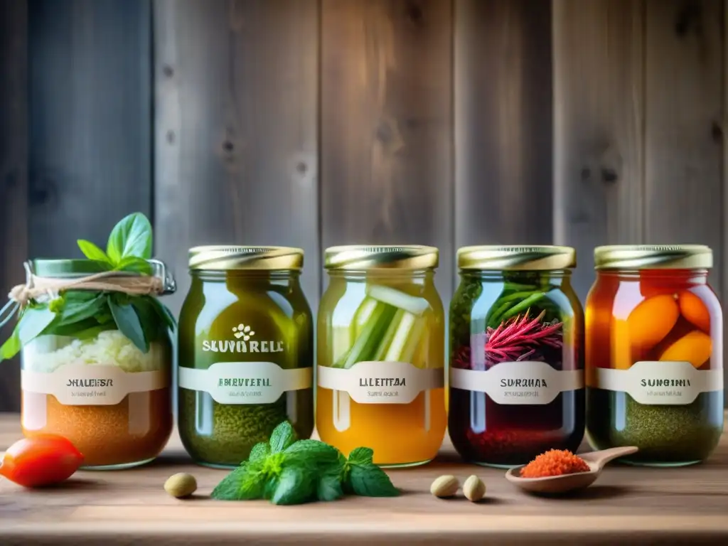 Una variedad de tarros de productos fermentados sin gluten, como kimchi y kombucha, en una mesa rústica con hierbas frescas