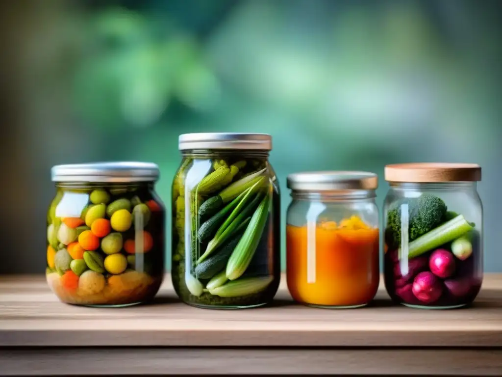 Deliciosas verduras fermentadas en frascos de vidrio Una variedad de vegetales fermentados en frascos de vidrio coloridos sobre una mesa de madera