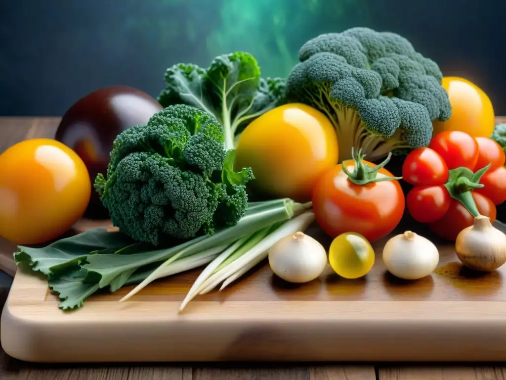 Una variedad de vegetales frescos y coloridos sobre tabla de madera, listos para sopas sin gluten fáciles