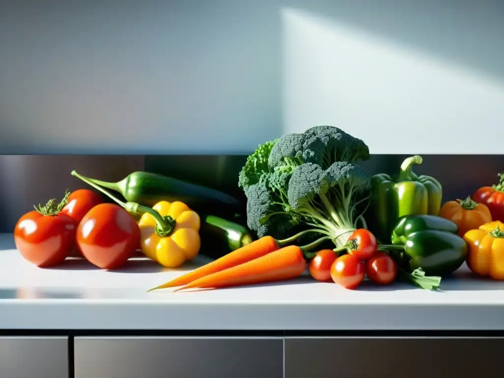 Una variedad de vegetales frescos y coloridos en una cocina moderna, destacando la planificación dieta sin gluten balanceada