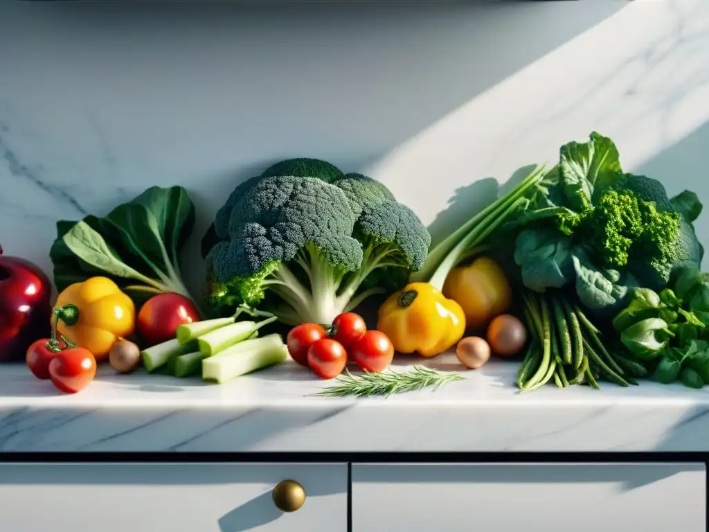 Variedad de vegetales frescos y hierbas coloridas sobre mármol blanco, bañados por la luz del sol