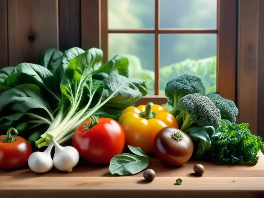 Variedad de vegetales frescos y hierbas sobre tabla de madera rústica