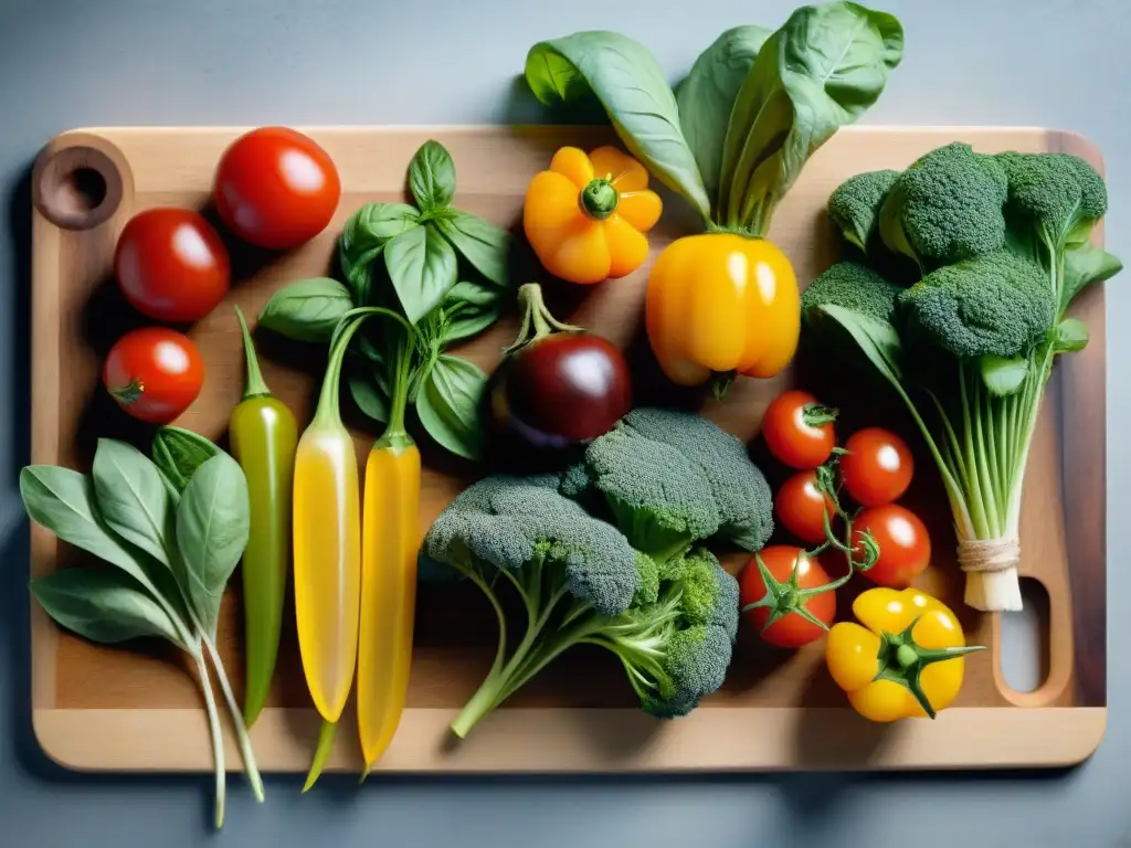 Variedad de vegetales y hierbas coloridos en tabla de cortar de madera para sousvide sin gluten recetas innovadoras