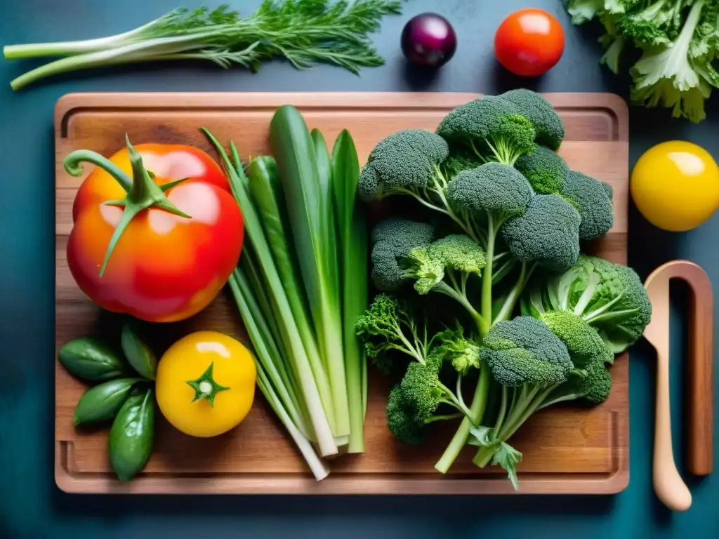 Variedad de vegetales y hierbas frescas sobre tabla de madera, resaltando frescura y belleza natural