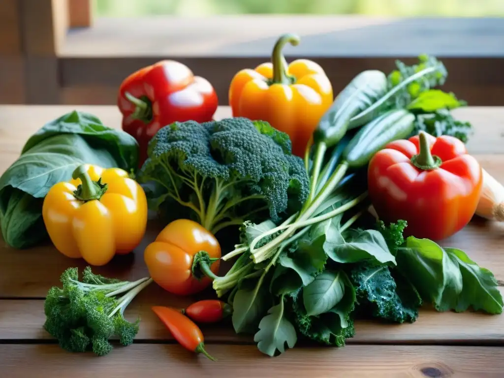 Una variedad de vegetales orgánicos recién cosechados en una mesa de madera rústica