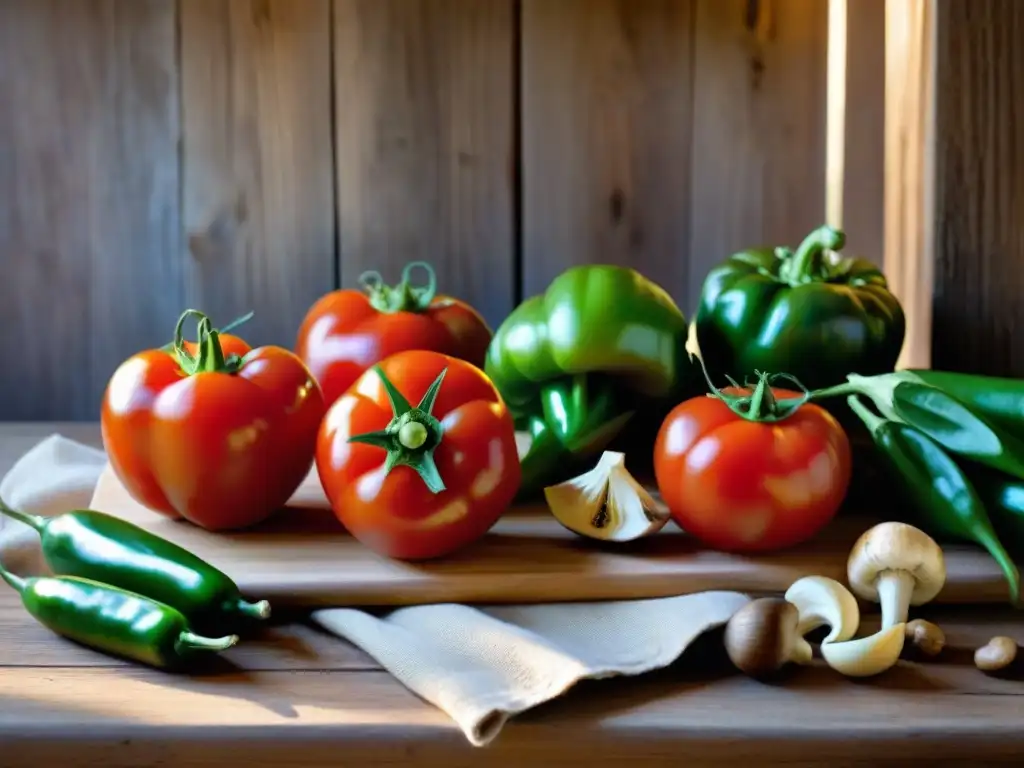 Una variedad de verduras frescas y coloridas dispuestas sobre una mesa de madera rústica, bañadas por la luz del sol