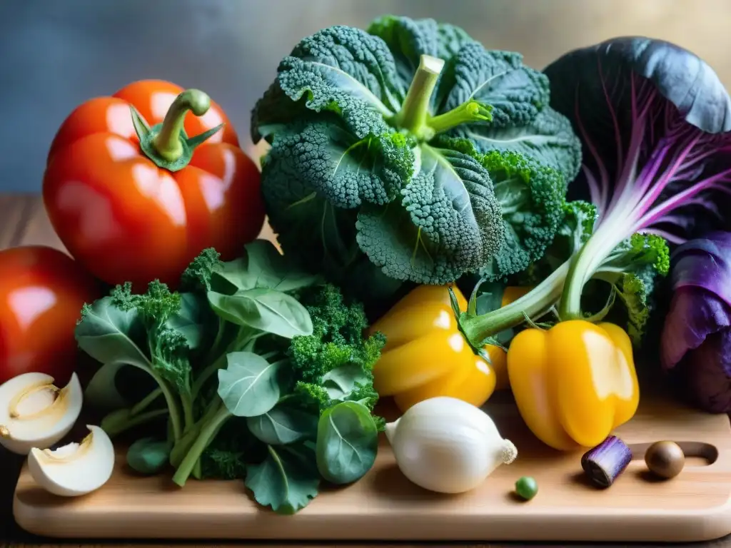 Variedad de verduras frescas y coloridas en tabla de madera, con gotas de agua