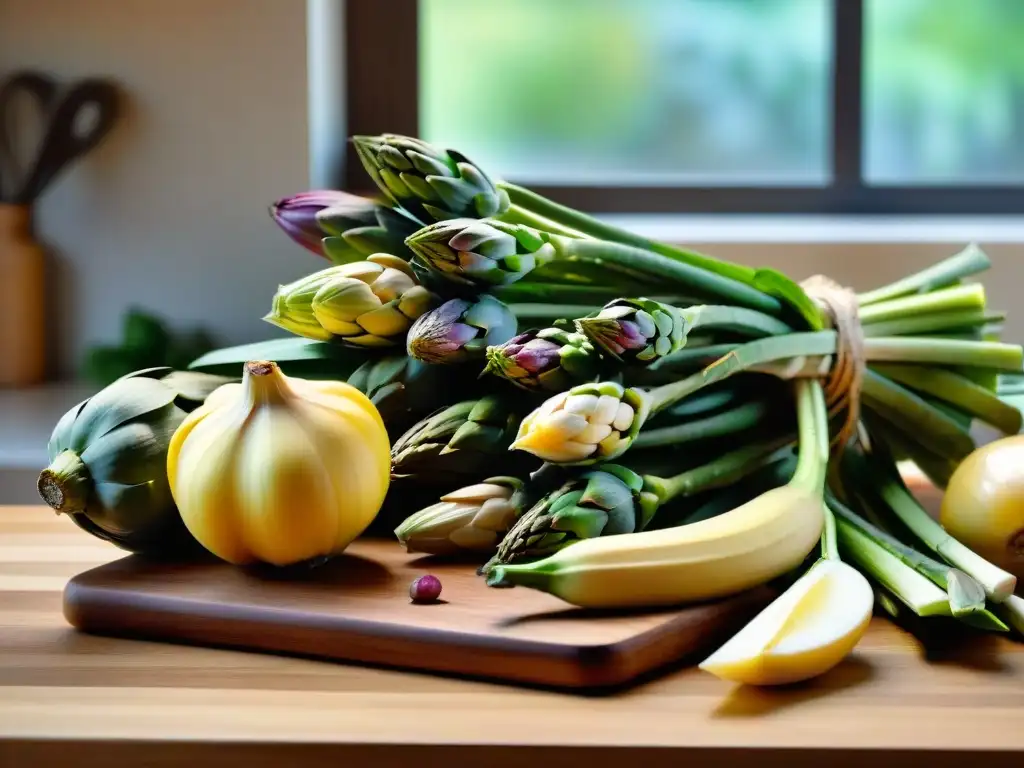 Una variedad vibrante de alimentos prebióticos sin gluten sobre tabla de madera, con gotas de agua brillantes