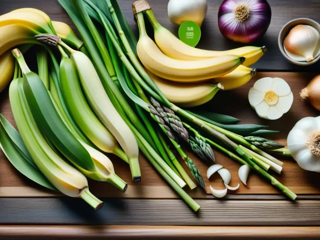 Una variedad vibrante de alimentos prebióticos sin gluten, detallados y frescos, dispuestos sobre una mesa de madera rústica