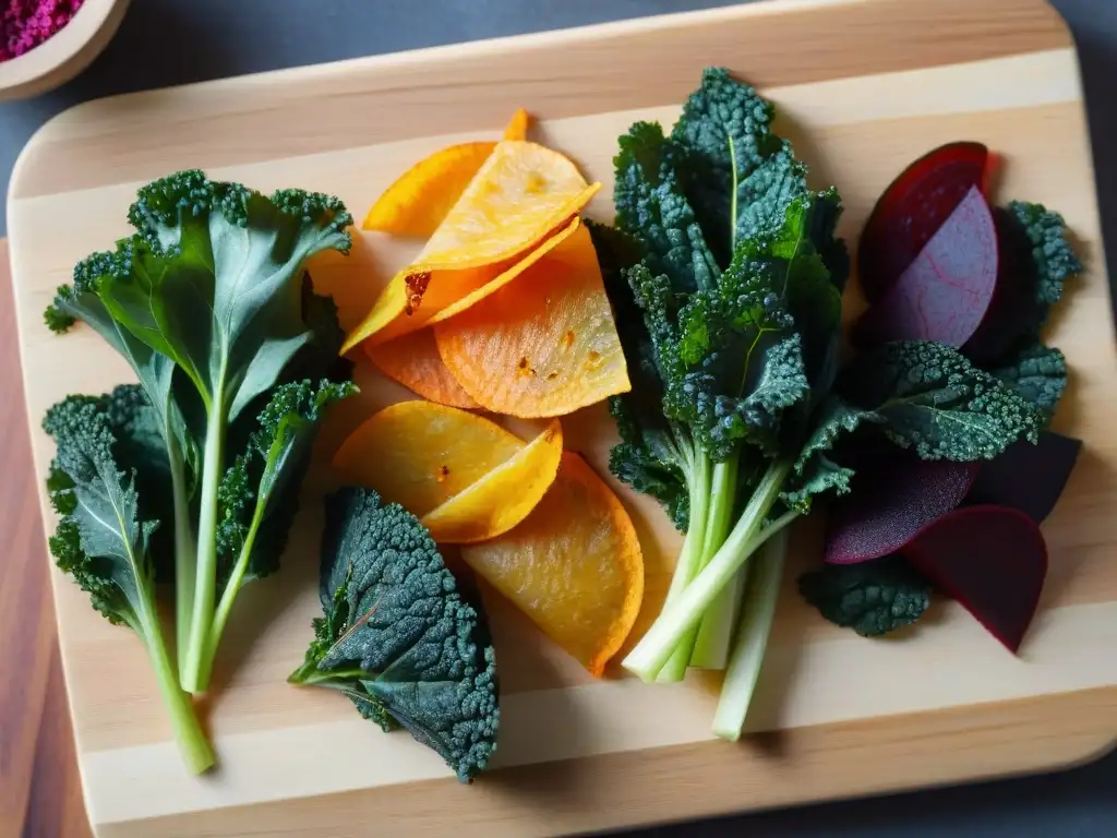 Deléitate con una variedad vibrante de chips de verduras sin gluten en tabla de corte de madera