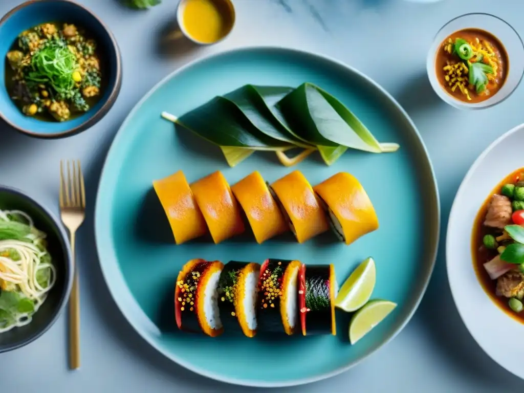 Una variedad vibrante y diversa de platos internacionales sin gluten, presentados con elegancia en una mesa moderna