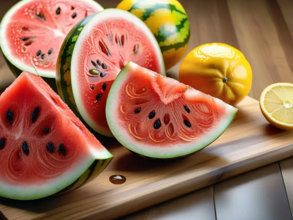 Una variedad vibrante de frutas recién cortadas sobre tabla de madera, listas para hacer suplementos electrolíticos sin gluten