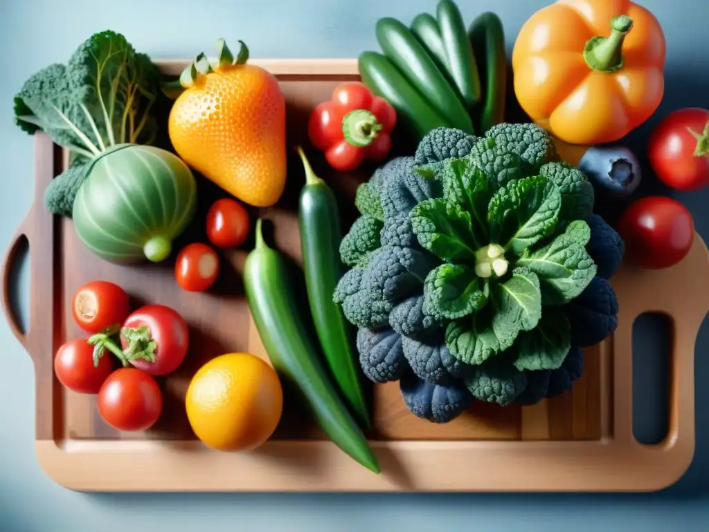 Una variedad vibrante de frutas y verduras frescas sobre tabla de madera