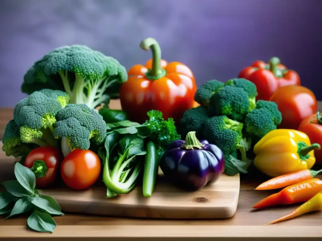 Una variedad vibrante de frutas y verduras en tabla de cocina de madera