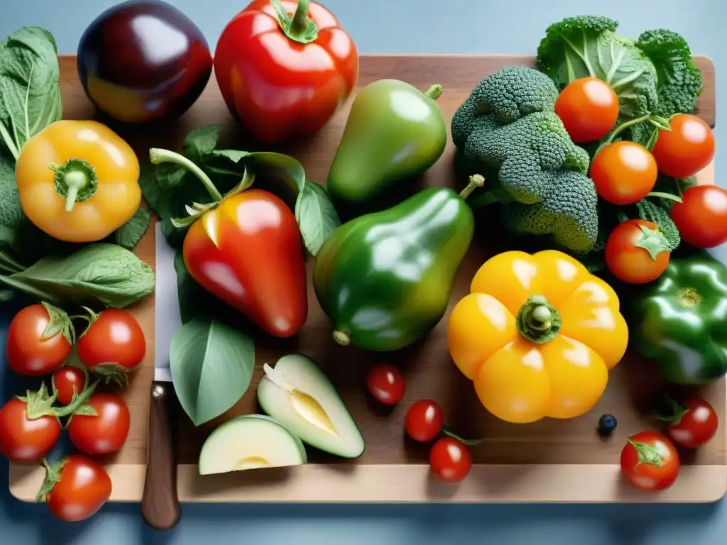 Una variedad vibrante de frutas y verduras frescas en una tabla de cortar de madera, destacando opciones de dieta sin gluten equilibrada