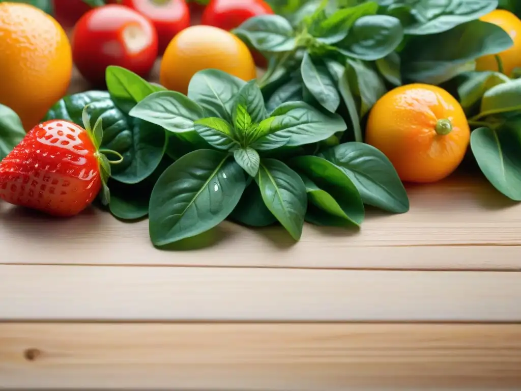 Una variedad vibrante de frutas y verduras frescas en una mesa de madera