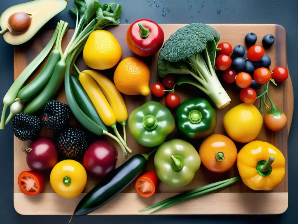 Una variedad vibrante de frutas y verduras frescas en una tabla de cortar de madera, con gotas de agua brillando