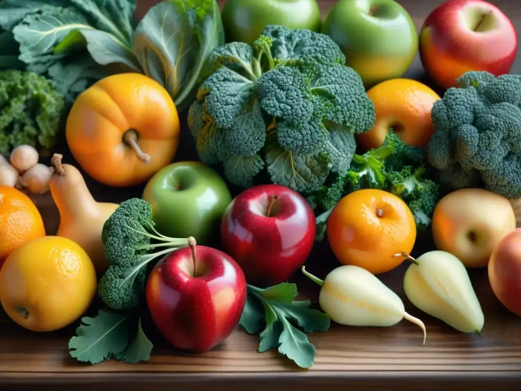 Una variedad vibrante de frutas y verduras frescas sobre una mesa de madera rústica, listas para jugos energizantes sin gluten recetas