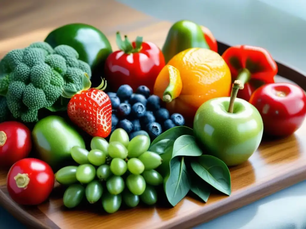 Una variedad vibrante de frutas y verduras frescas en una tabla de cortar de madera, resplandeciendo bajo la luz natural