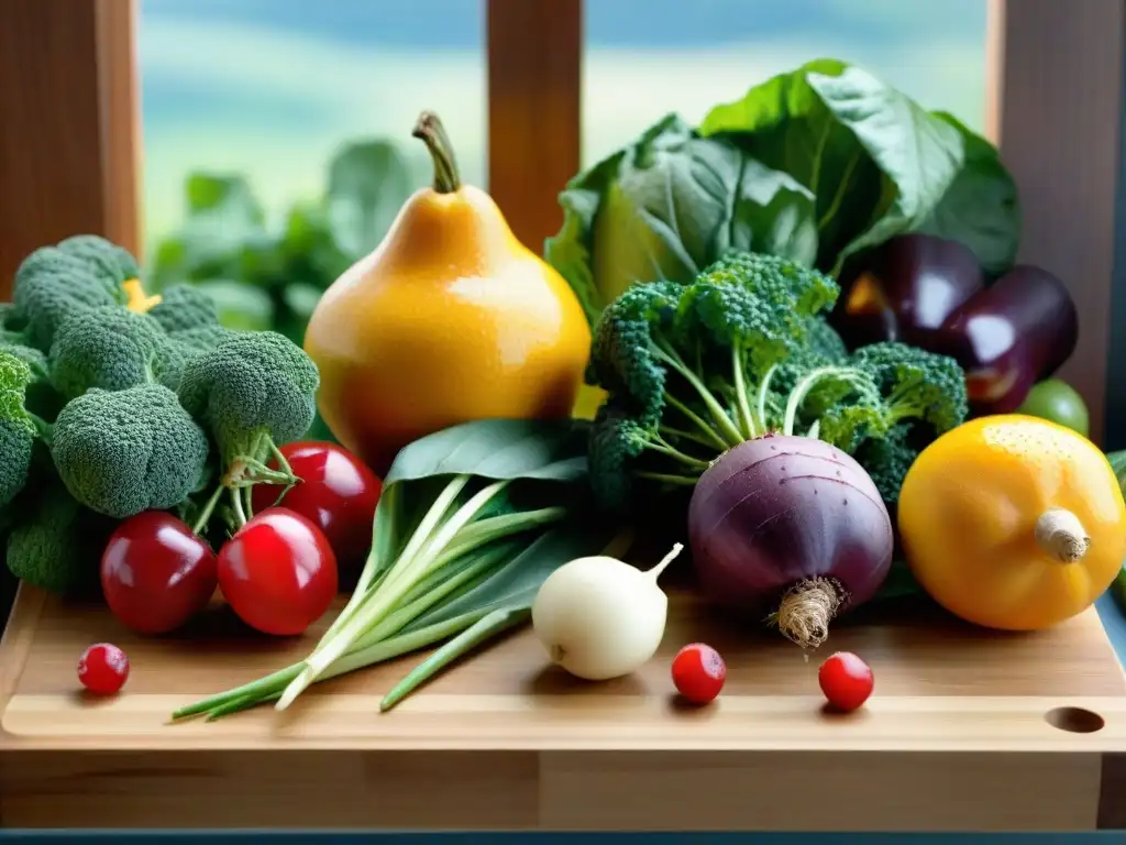 Una variedad vibrante de frutas y verduras frescas en una tabla de cortar de madera, con agua brillante y luz natural