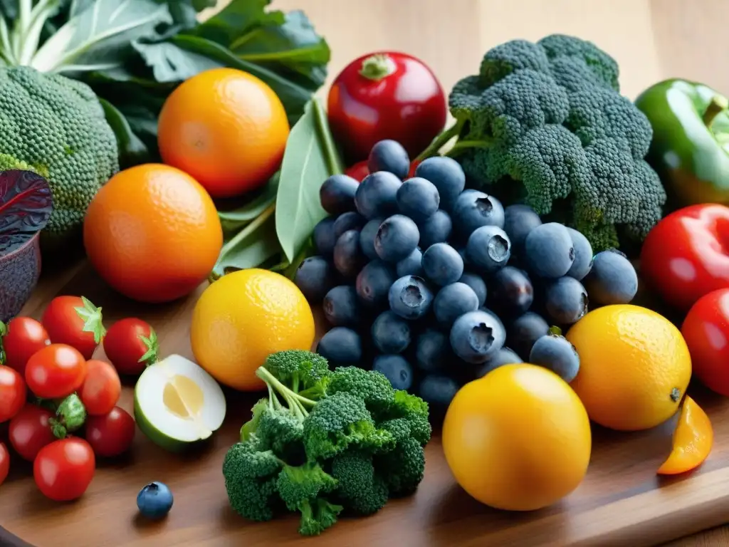 Una variedad vibrante de frutas y verduras frescas en una tabla de cortar de madera