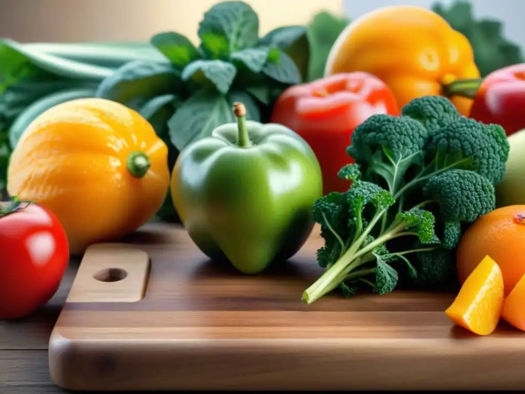 Una variedad vibrante de frutas y verduras frescas en una tabla de cortar de madera