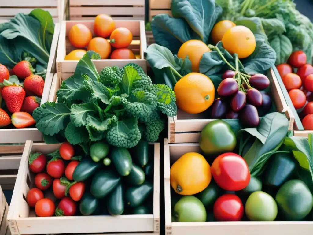 Una variedad vibrante de frutas y verduras frescas en cajones de madera en un mercado local, ideal para recetas sin gluten innovadoras