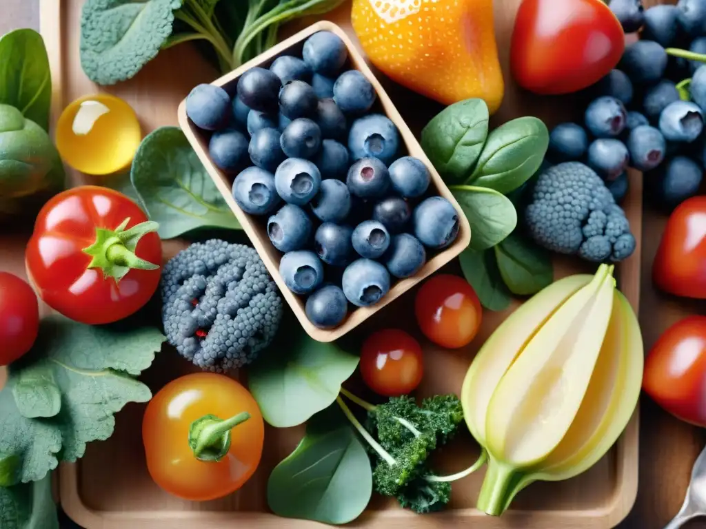 Una variedad vibrante de frutas y verduras antioxidantes en una tabla de cortar de madera, con gotas de agua