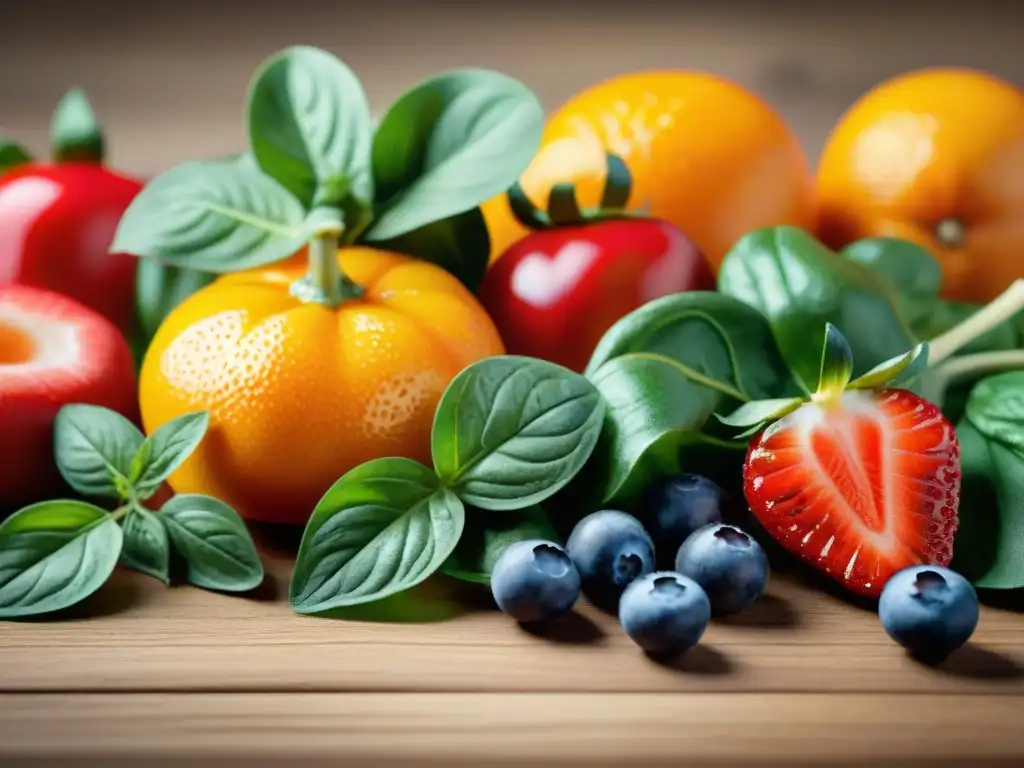 Una variedad vibrante de frutas y verduras coloridas en una mesa de madera, con gotas de agua brillando en sus superficies