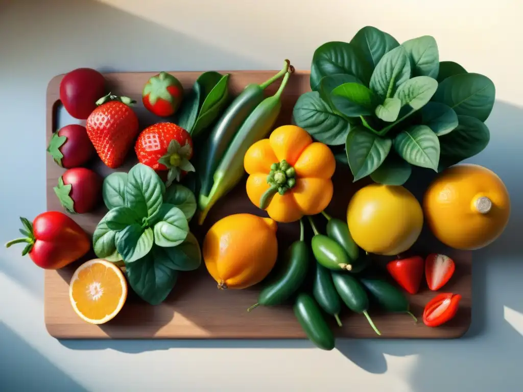 Una variedad vibrante de frutas y verduras frescas en tabla de madera